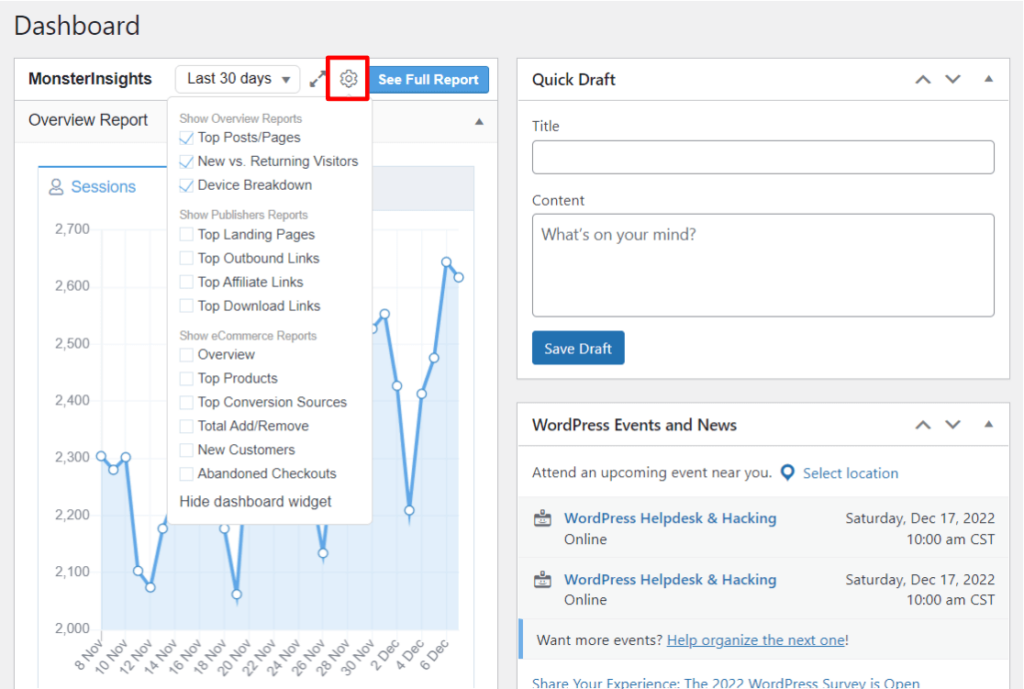 Customize the MonsterInsights Dashboard Widget