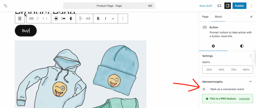 Enabling MonsterInsights conversion tracking in the block editor for a button