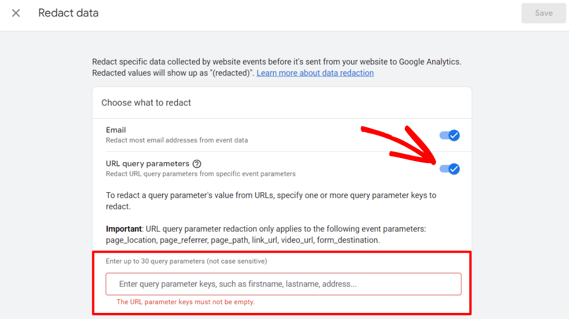 ga-redact-data-query-parameters 1 - MonsterInsights Redact data in Google Analytics - Query Parameters