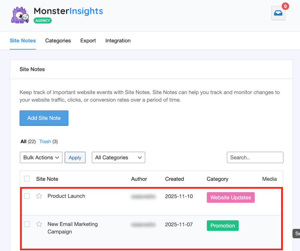 Site Notes added in MonsterInsights