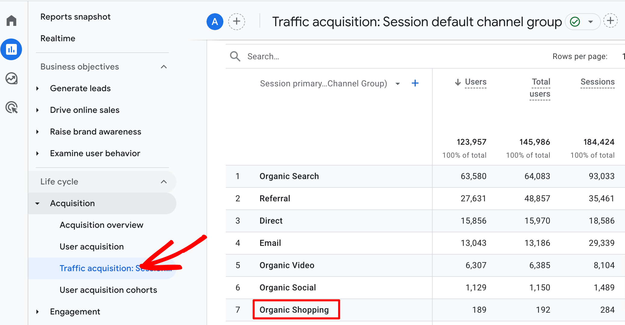 organic-shopping-ga-acquisition 1 - MonsterInsights Organic Shopping in the Google Analytics acquisition report