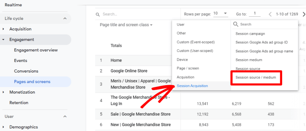 page by source/medium in GA4