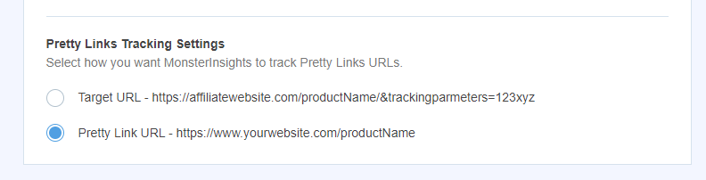pretty-links-tracking-settings-mi - MonsterInsights Pretty Links tracking options in MonsterInsights - affiliate link tracking